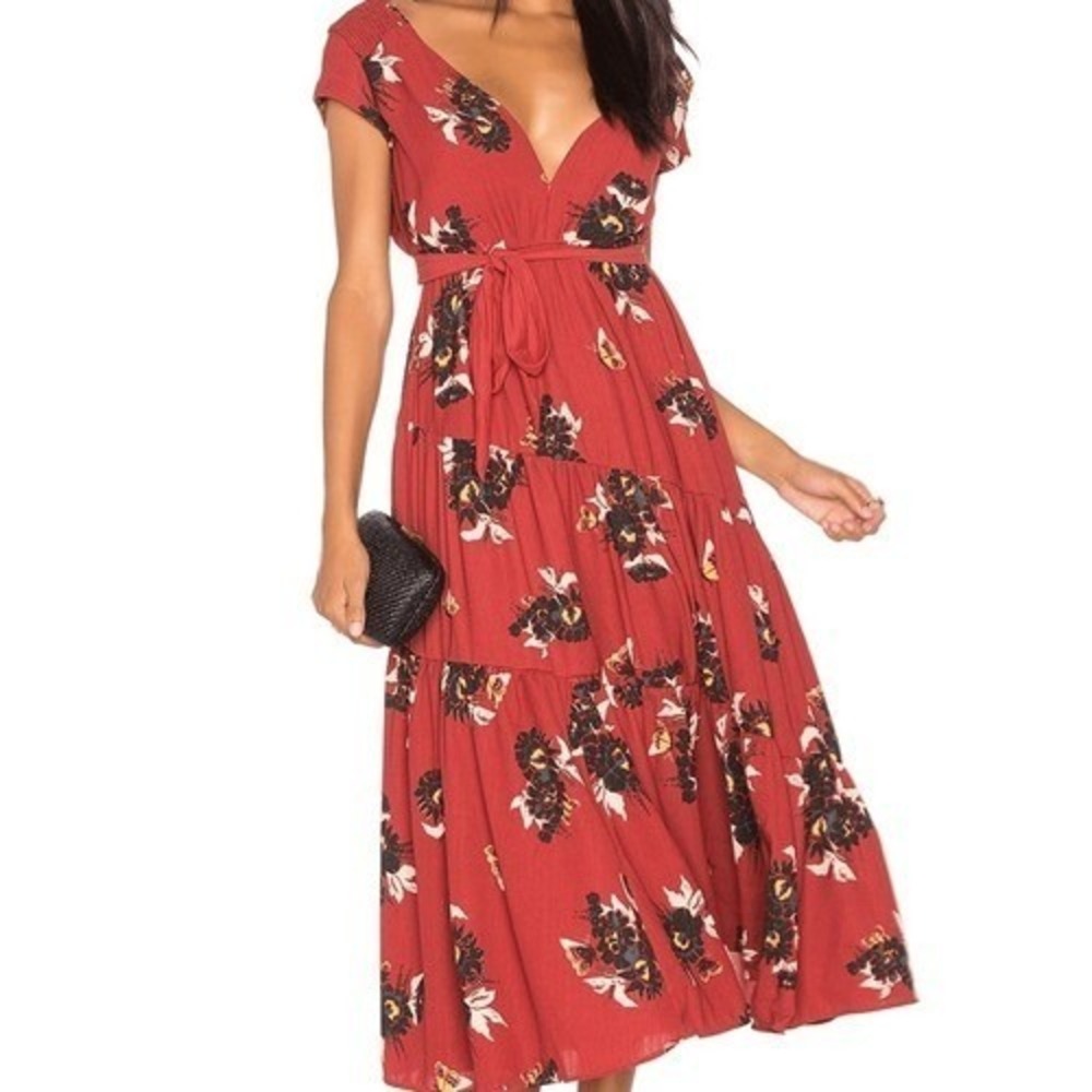 Free People Red Floral Midi Dress V-Neck Tiered Smocked Cap Sleeve Size 0